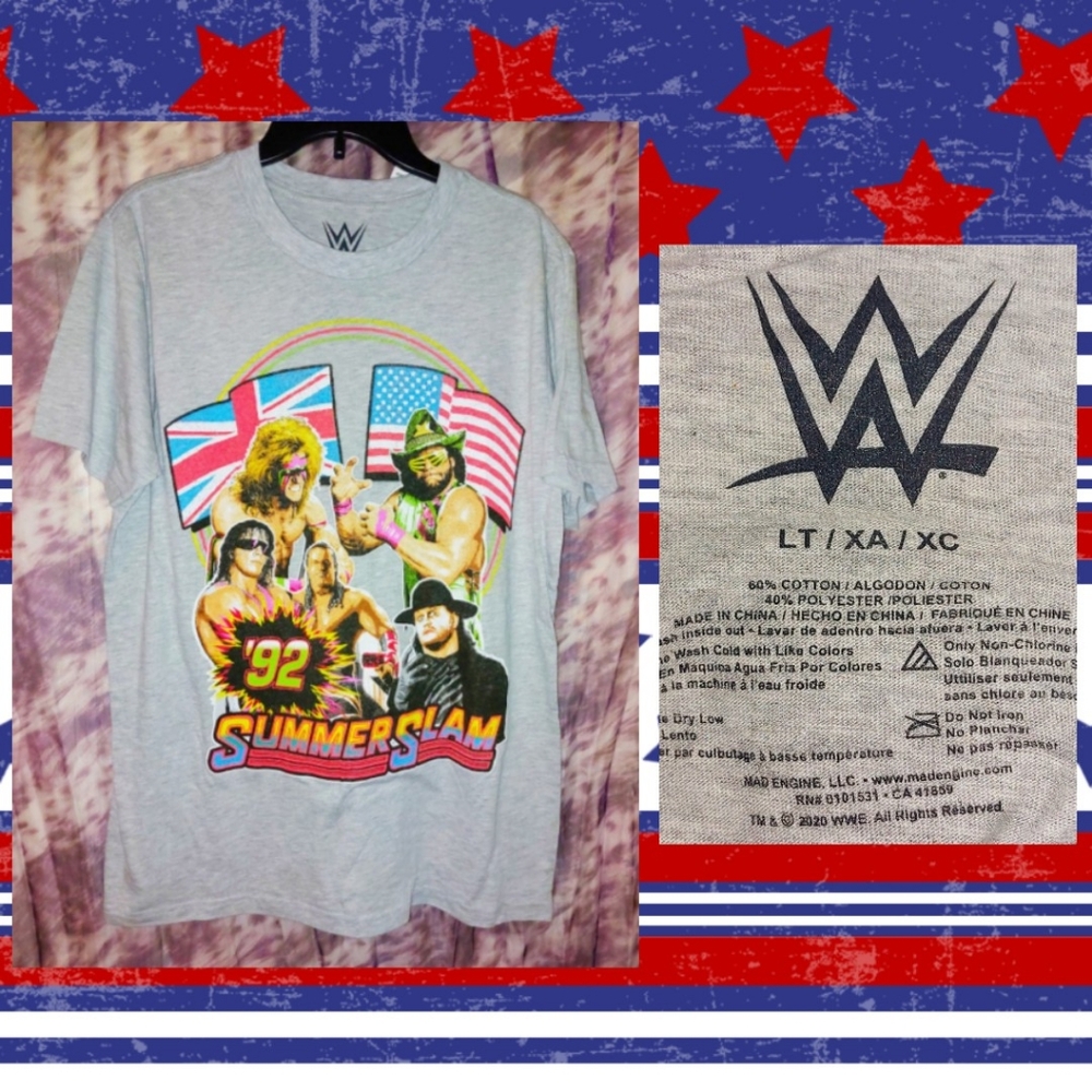 Mad Engine Gray/Multiclr WWF/WWE Summer Slam 1992 Graphic Knit T-shirt Lrg Tall